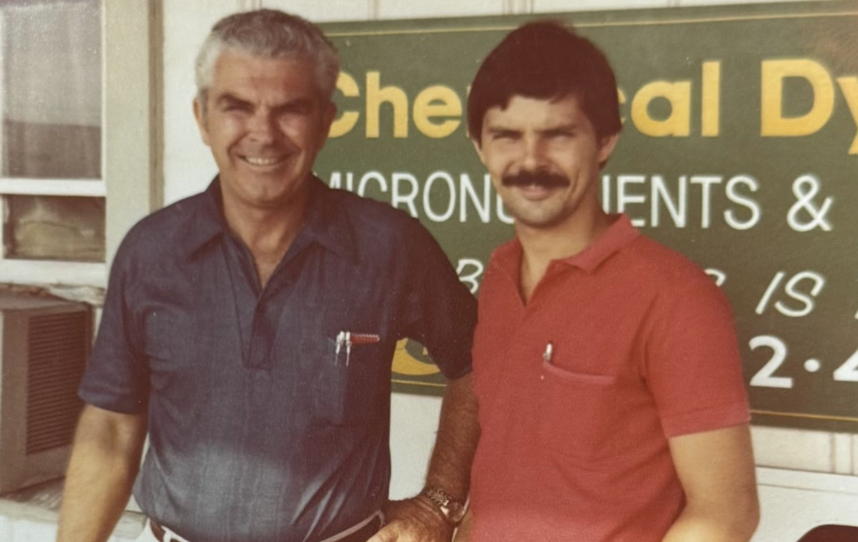 W.B. 'Hap' Carson with son David Carson in front of the original Chemical Dynamics sign
