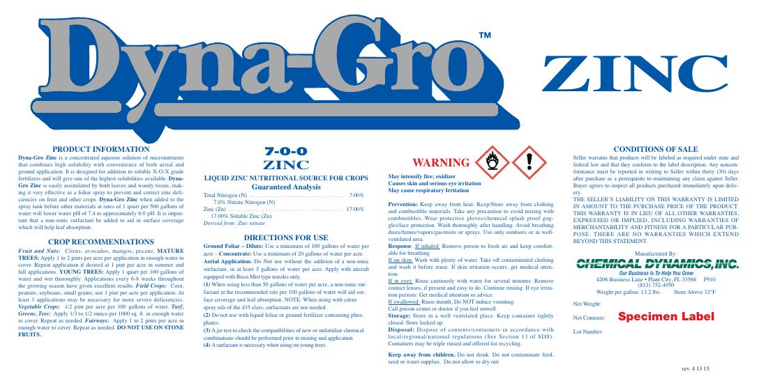 Zinc 17% product label